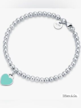 Tiffany & Co. Silver Bead Bracelet with Teal Heart Charm